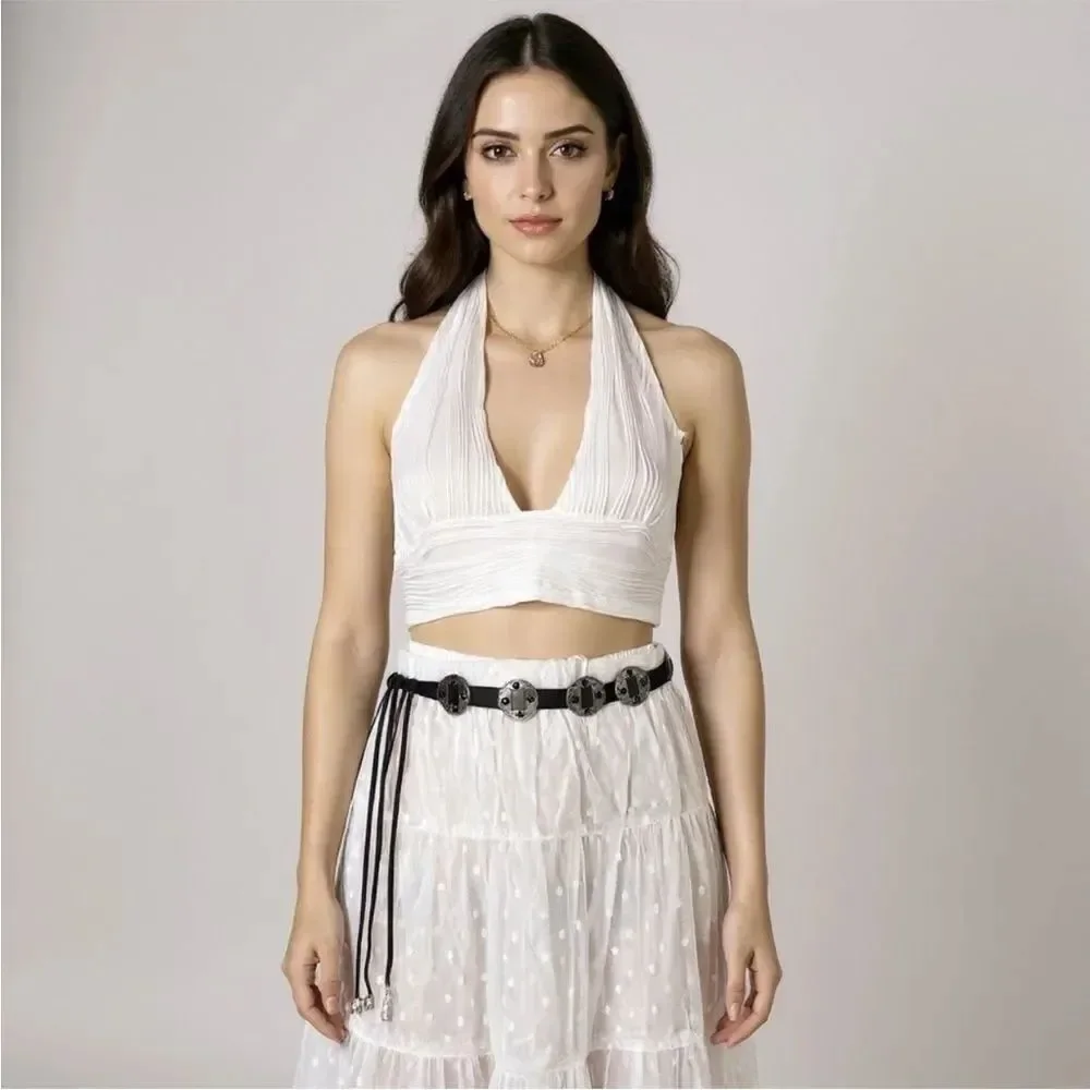 Black Suede Silver Aztec Medallion Disc Fringe Belt OS